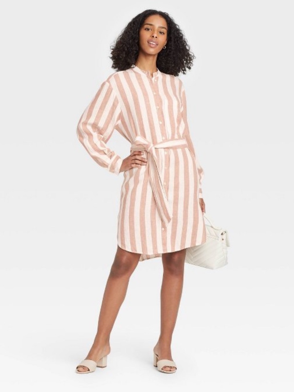 Striped Button-Front Shirt Dress in Blush and White